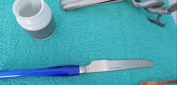  Urethral Fucking 2 knifes and peehole sounding with kitchen objects